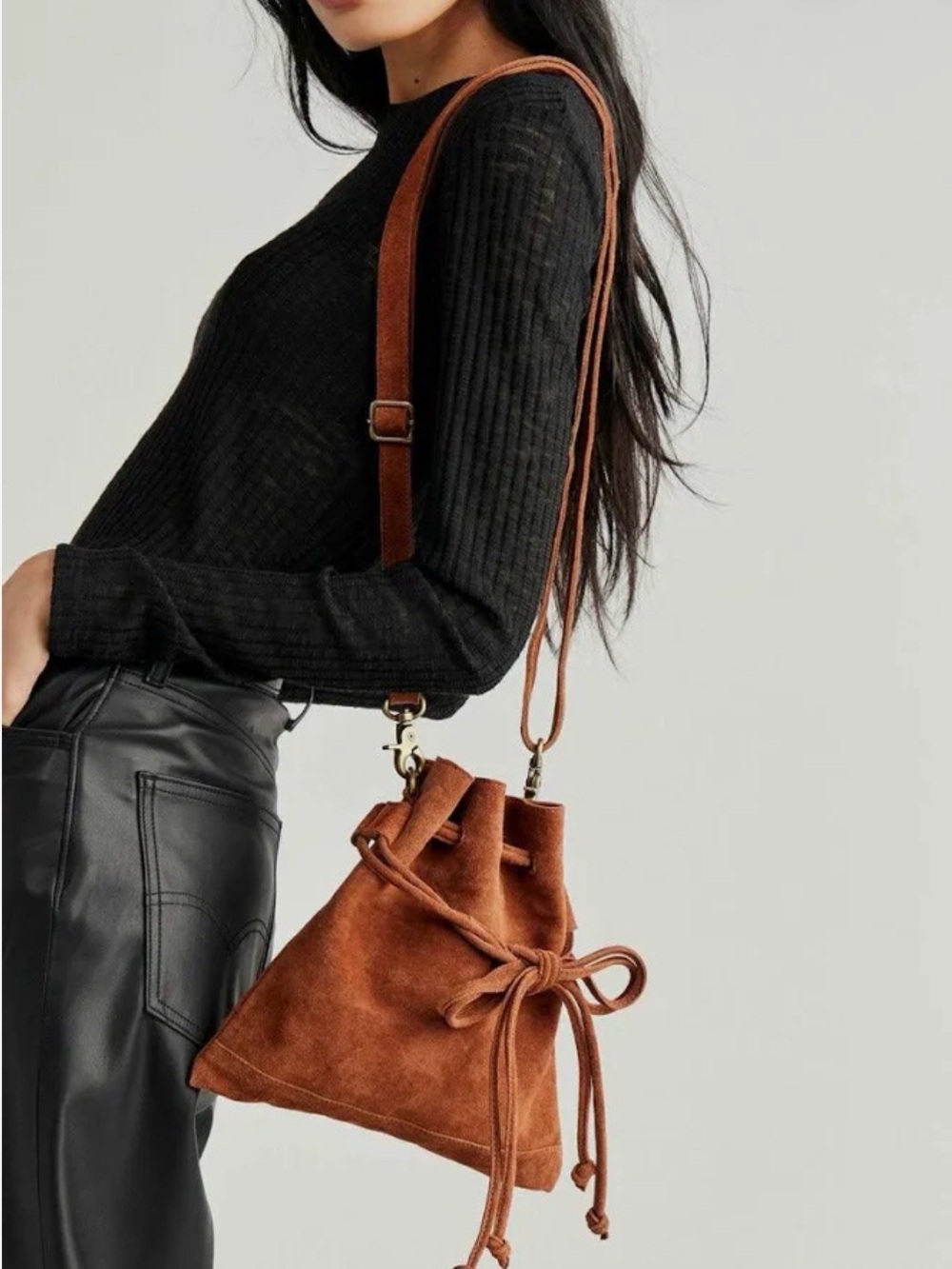 Free People Billie Suede Drawstring Crossbody Bag in Tan/ Cognac Slouchy Boho